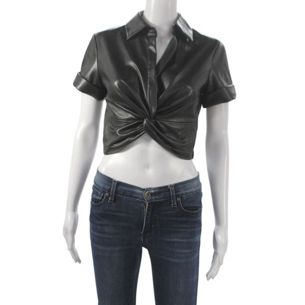 Alice + Olivia Women Cropped Collared Faux Leather Button Up Top Black Size XS